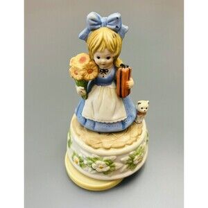 Vintage Ceramic Music Box Little Girl with Flowers, a Present, and a Cat GLUED!!